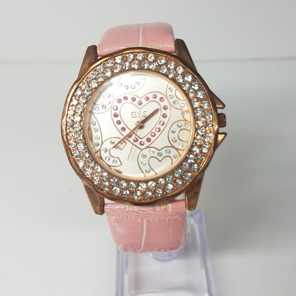 ESS Pink Faux Leather Heart Rhinestone Watch